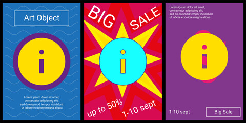 Trendy retro posters for organizing sales and other events. Large info symbol in the center of each poster. Vector illustration on black background