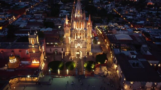 top view drone to san Miguel de allende streets and town, in sunset and night, top and side view with copy  space