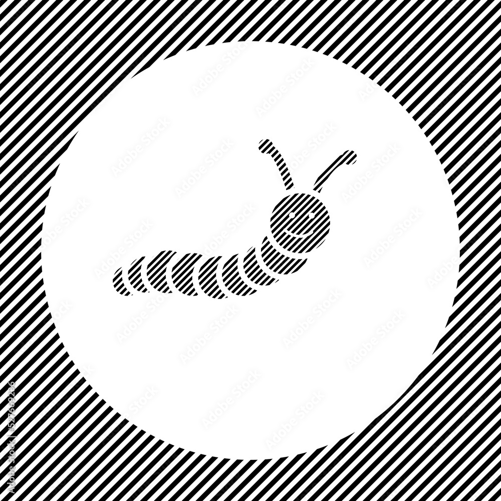Poster a large caterpillar symbol in the center as a hatch of black lines on a white circle. interlaced eff