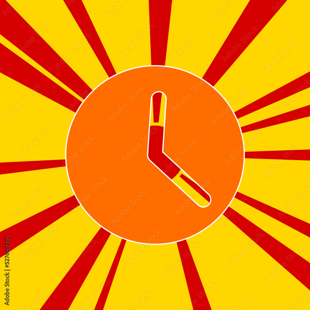 Aufkleber time symbol on a background of red flash explosion radial lines. the large orange symbol is located 