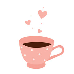 Cute pink mug with hot tasty tea. Cup of home drink with cozy mood.