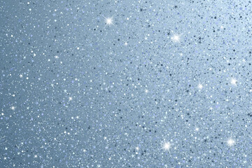 Rich shiny abstract snowfall vector illustration. Silver white snowflakes sparkles explosion on blue background