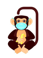 Funny cute monkey with bananas and a shadow in a protective medical mask. Cute chimpanzee in a flat geometric style. A simple vector illustration isolated on a white background. Monkey pox virus