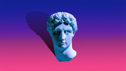 A weird funny head of an old greek statue, with shadow, on a vaporwave graded backdrop. 3d rendering.
