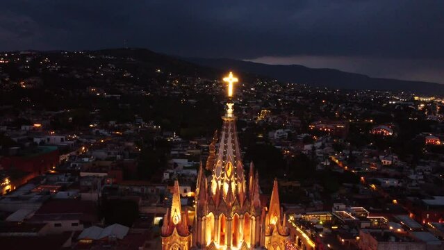 top view drone to san Miguel de allende streets and town, in sunset and night, top and side view with copy  space