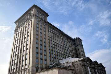 Detroit old train station under renovation in December 2019. Iconic building in downtown Detroit, Michigan