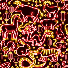Chinese Zodiac Seamless Pattern. Vector Illustration of Asia Promotion.