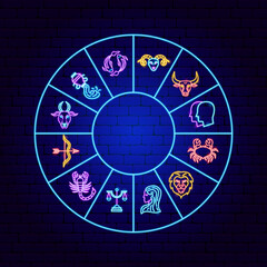 Horoscope Neon Circle Concept. Vector Illustration of Zodiac Promotion.
