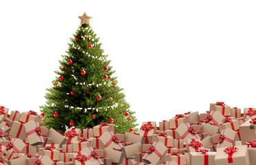 green fir, a large pile of gift packages, postal packages for shipment 3d-illustration Christmas tree