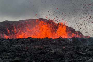 Fagradalsfjall Volcano Iceland, Eruption 2022 Close-Up, Active Crater with lava eruptions