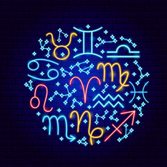 Zodiac Horoscope Neon Concept. Vector Illustration of Astrology Promotion.
