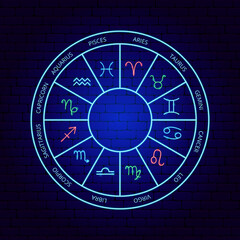 Zodiac Neon Circle Concept. Vector Illustration of Horoscope Promotion.