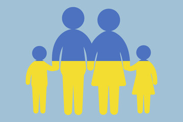 Ukraine flag with family concept, parent and kids holding hands, immigrant idea, flat design asset