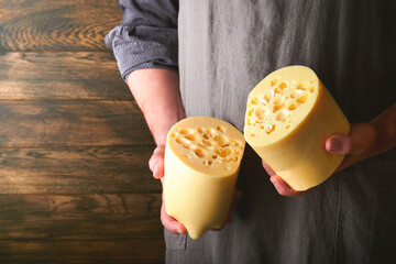 Hands of man hold two big slices of cheese maasdam against background of old wooden wall in cheese...