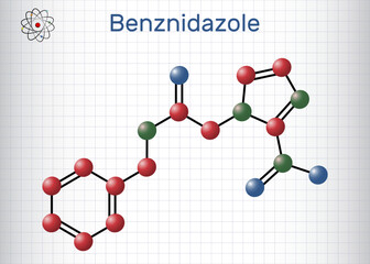 Benznidazole molecule. It is antiparasitic drug used in the treatment of Chagas disease. Structural chemical formula, molecule model. Sheet of paper in a cage.