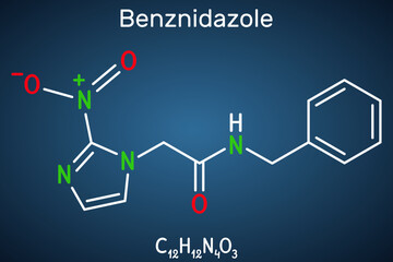 Benznidazole molecule. It is antiparasitic drug used in the treatment of Chagas disease. Structural chemical formula on the dark blue background