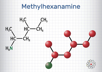 Methylhexanamine, methylhexamine, dimethylamylamine, DMAA molecule. It is alkylamine, indirect sympathomimetic drug. Sheet of paper in a cage.