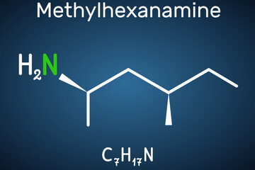 Methylhexanamine, methylhexamine, dimethylamylamine, DMAA molecule. It is alkylamine, indirect sympathomimetic drug. Structural chemical formula on the dark blue background