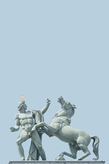 Cover page with a top roof statue at History Museum of a Roman man holding a wild horse, in...