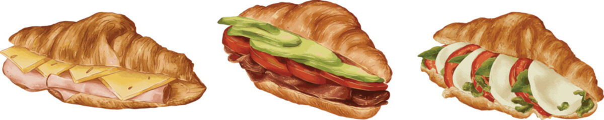 Set of Delicious Cafe Breakfast Toast Hand-drawn Watercolor Illustration