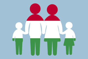 Hungary flag with family concept, parent and kids holding hands, immigrant idea, flat design asset
