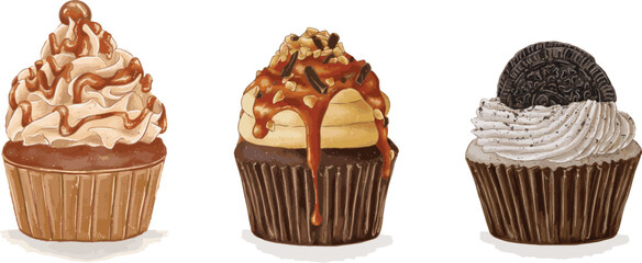 Set of Chocolate Cupcake Hand-drawn Watercolor Illustration