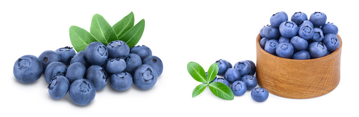 fresh blueberry with leaves isolated on white background closeup with full depth of field. Set or collection .