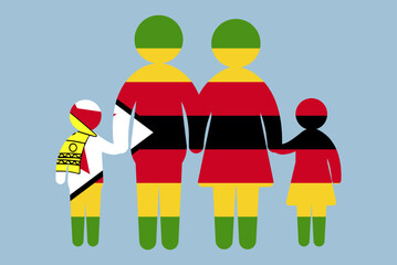 Zimbabwe flag with family concept, parent and kids holding hands, immigrant idea, flat design asset