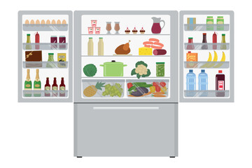 Fridge with open doors, a full of food. There is a champagne bottle, a box of chocolates, a juice, sausage, bananas, eggs, ketchup and other groceries in the picture. Vector illustration