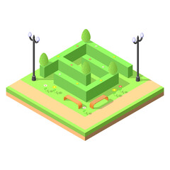 Abstract Isometric 3D Green Park Labyrinth Benches Lampposts Flowers Vector Design Style Relax Travel Garden