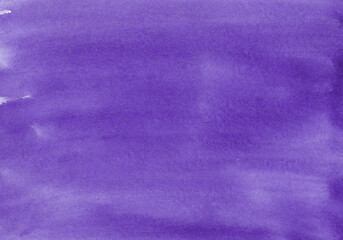 Bright purple, violet color watercolor background. Simple illustration for design, decoration, print. Texture of paint and paper. Hand drawn image. Copy space. Brush strokes. 