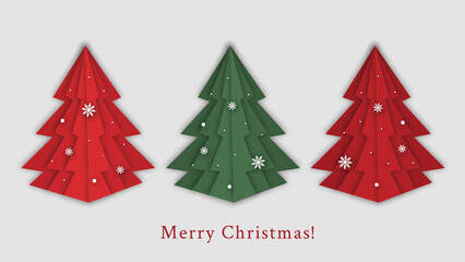 Naklejka premium Modern greeting card design with paper cut christmas tree and snowflakes in red and green tones.
