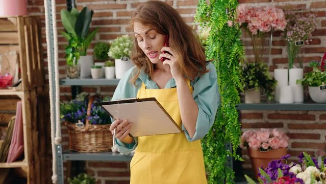 Young beautiful hispanic woman florist talking on smartphone reading clipboard at florist