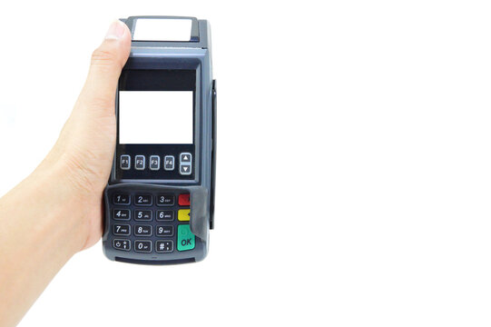Payment terminal with a white screen. Payment device isolated on white background. E-commerce and business