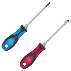 Screwdriver set slotted and pozidrive screwdriver. Red and blue screwdriver