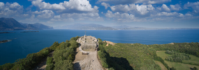 Panorama, aerial view of the city of rocca di manerba on lake Garda. The famous viewpoint Rocca di...