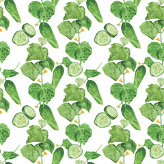 Seamless pattern with cucumbers and green leaves. Vegetable background for delicious and bright wallpaper, textiles, packaging, office and bed linen.