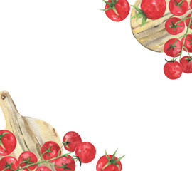 Watercolor postcard with fresh cherries and a cutting board on a white background with space for text. A bright frame for kitchen decor, banners and postcards.