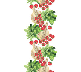 Seamless pattern with parsley, tomatoes and a wooden cutting board. Bright background for kitchen, wallpaper, textiles and office. Watercolor drawing of red juicy cherries.