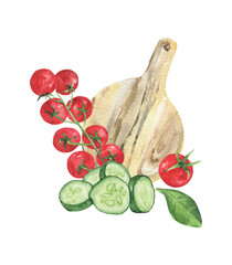 Cherry tomatoes, cucumbers, basil leaf and cutting board isolated on a white background. Watercolor drawing for the design of kitchen textiles and office.