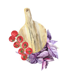 A branch of purple basil, cherry tomatoes and a cutting board isolated on a white background. Watercolor drawing for the design of kitchen textiles and office on the theme of food and vegetables.