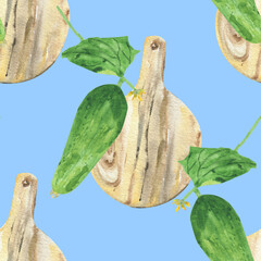Seamless pattern with fresh cucumbers, green leaves and wooden cutting boards. Bright background for kitchen, wallpaper and textiles. Watercolor drawing of juicy vegetables.