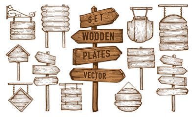 Set wooden banner, sign posts or boards. Signboard, signpost with signs indicating direction. Sketch vintage vector - obrazy, fototapety, plakaty