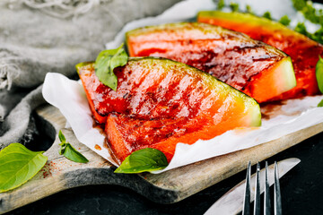 Sweet toasted watermelon with red pepper and mint