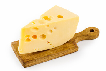 cheese on a cutting board, isolated on a white background.