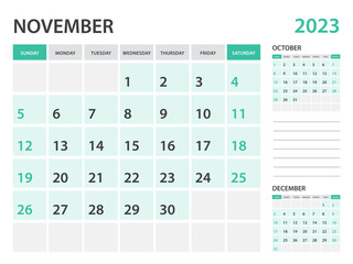 Calendar 2023 template-November 2023 year, monthly planner, Desk Calendar 2023 template, Wall calendar design, Week Start On Sunday, Stationery, printing, office organizer vector