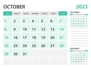 Calendar 2023 template-October 2023 year, monthly planner, Desk Calendar 2023 template, Wall calendar design, Week Start On Sunday, Stationery, printing, office organizer vector