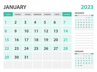 Calendar 2023 template-January 2023 year, monthly planner, Desk Calendar 2023 template, Wall calendar design, Week Start On Sunday, Stationery, printing, office organizer vector