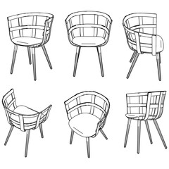 Chair line vector illustration, Set of different views of modern chair