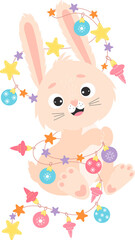 Obraz na płótnie Canvas cute bunny with garland and Christmas balls. rabbit is symbol 2023 year to Chinese zodiac